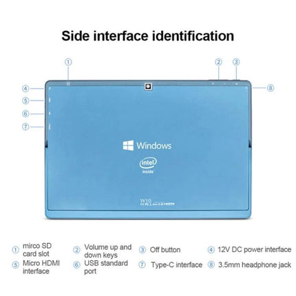 Windows 10 Tablet with Keyboard and Stylus for Daily Tasks showing back with ports: microSD, HDMI, USB, Type-C, power, headphone jack