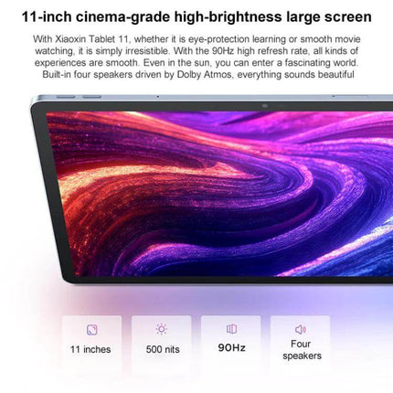 Lenovo Xiaoxin Pad 11-Inch Tablet with Paperlike Screen showing 11-inch display 90Hz 500 nits and four speakers