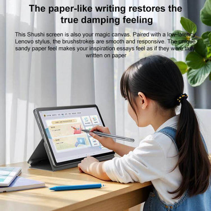 Lenovo Xiaoxin Pad 11-Inch Tablet with Paperlike Screen showing child using stylus for note-taking on paperlike display