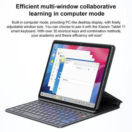 Lenovo Xiaoxin Pad 11-Inch Tablet with Paperlike Screen showing tablet in keyboard case with multi-window productivity display