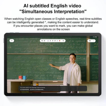 Lenovo Xiaoxin Pad 11-Inch 5G Tablet for Everyday Use displaying AI subtitled English video with teacher and real-time captions