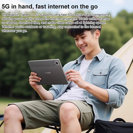 Lenovo Xiaoxin Pad 11-Inch 5G Tablet for Everyday Use showing a person streaming outdoors with tablet in hand