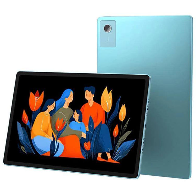 Lenovo Xiaoxin Pad 12.1-Inch Android Tablet for Daily Tasks in teal showing front display with colorful family illustration and rear camera