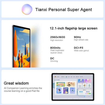 Lenovo Xiaoxin Pad 12.1-Inch Android Tablet for Daily Tasks showing 12.1-inch 2560x1600 screen, 90Hz, AI learning features for students and remote workers