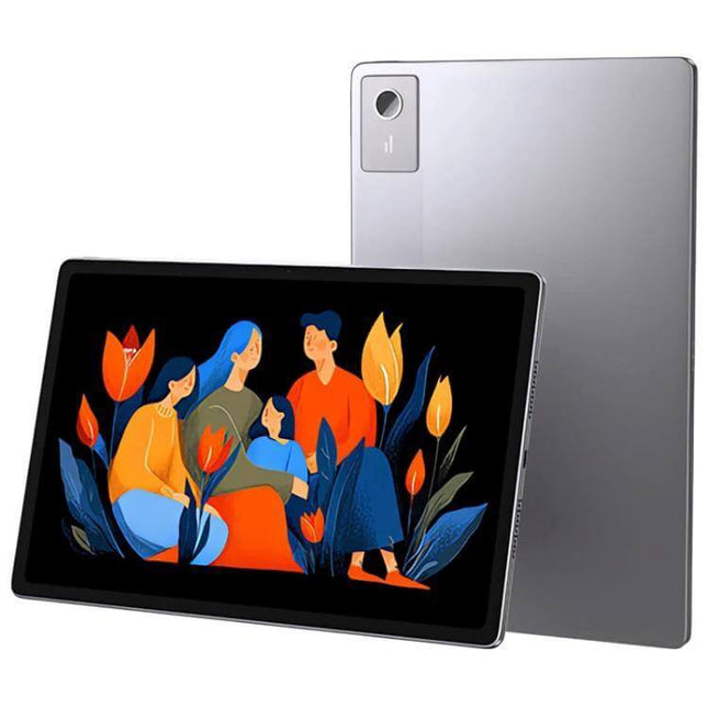 Lenovo Xiaoxin 12.1-Inch Tablet with Ample 256GB Storage showing screen with family illustration and slim silver back, portable 530g Android tablet