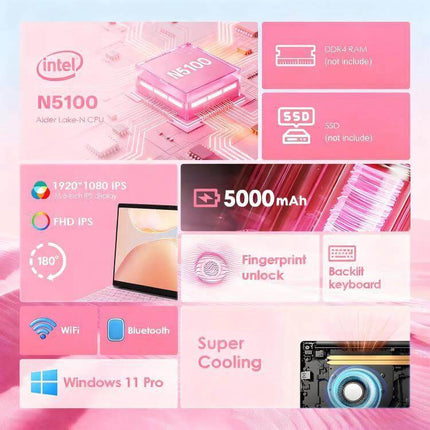 GXMO 15.6 Inch Laptop with Windows 11 Pro for Everyday Use - full HD IPS, N5100 CPU, 5000mAh, fingerprint, backlit keyboard