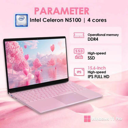 GXMO 15.6 Inch Laptop with Windows 11 Pro for Everyday Use pink laptop showing 15.6-inch Full HD display, Intel Celeron N5100, DDR4, SSD