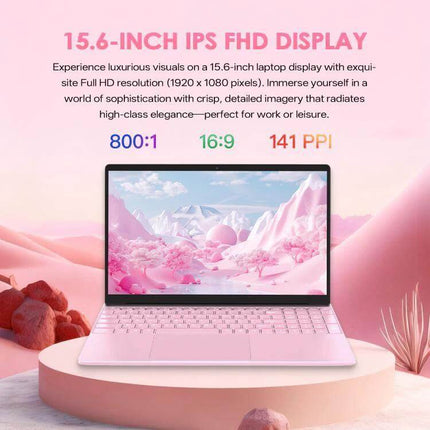 GXMO 15.6 Inch Laptop with Windows 11 Pro for Everyday Use showing 15.6-inch FHD display, 16:9 ratio, 141 PPI and slim bezel design