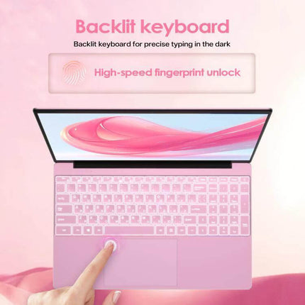 GXMO T152J 15.6-Inch Windows 11 Laptop for Everyday Computing showing pink backlit keyboard and high-speed fingerprint unlock
