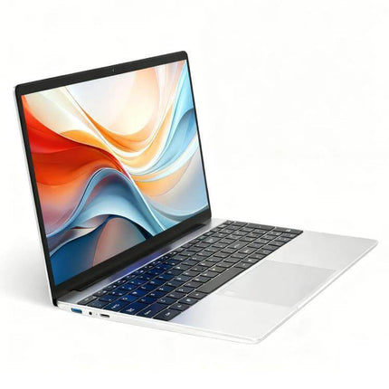 Alt Tag: GXMO T152J 15.6-Inch Windows 11 Laptop for Everyday Computing silver laptop angled view with colorful display and keyboard