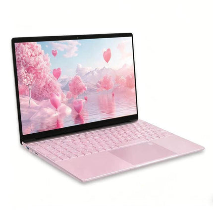 GXMO 15.6 Inch Laptop for Daily Computing and Productivity Pink slim laptop with Full HD display showing pastel heart landscape