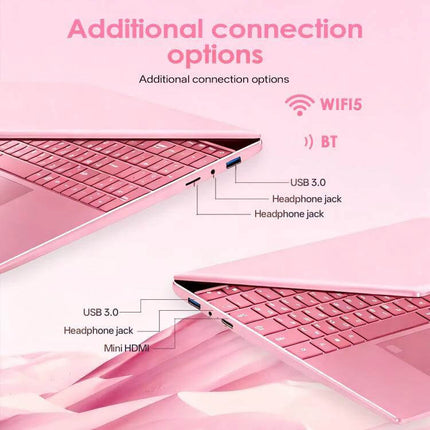 GXMO 15.6 Inch Laptop for Daily Computing and Productivity pink laptop showing USB 3.0, headphone jack, mini HDMI and WiFi5/BT connection options