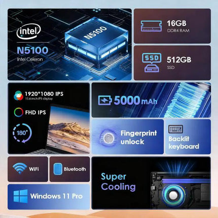 Ordinateur portable GXMO 15,6 pouces pour l'informatique quotidienne et la productivité