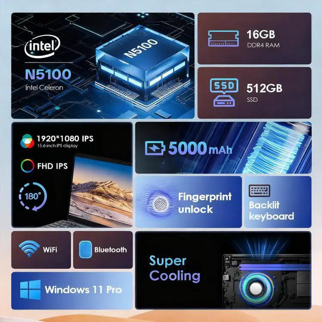 Ordinateur portable GXMO 15,6 pouces pour l'informatique quotidienne et la productivité