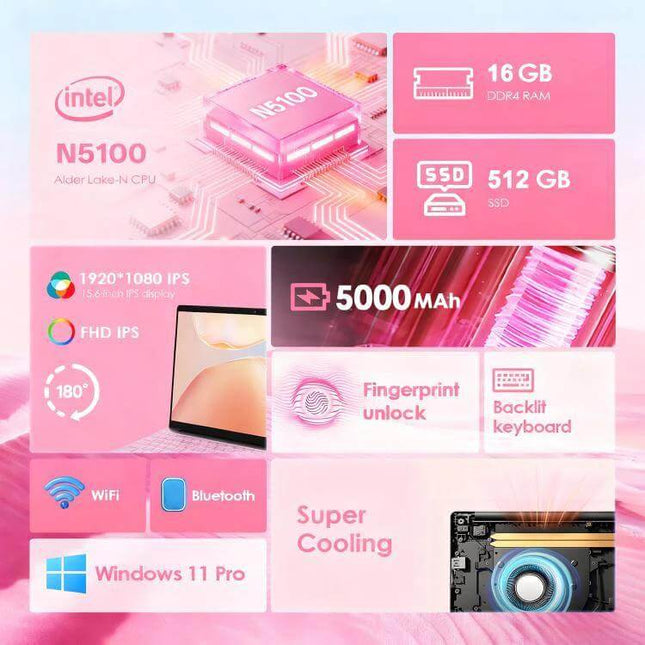 GXMO 15.6 Inch Laptop with 16GB RAM, 512GB SSD and Windows 11 - 15.6" FHD IPS, 16GB RAM, 512GB SSD, fingerprint unlock, 5000mAh