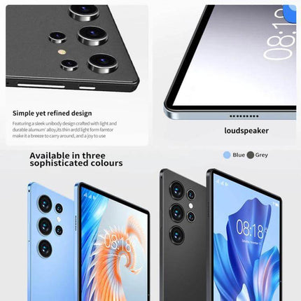 BDF H39 10.1-Inch 4G LTE Android Tablet for Everyday Use sleek blue and grey models showing display, cameras and loudspeaker