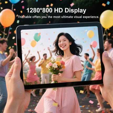 BDF Q10 10.1-Inch Android Tablet for Everyday Browsing and Media showing vibrant 1280x800 HD display with smiling woman and balloons