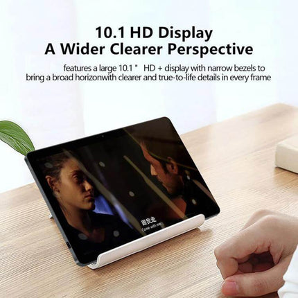 BDF Q10 10.1-Inch Android Tablet for Everyday Computing showcasing 10.1-inch HD display on a stand for streaming and web browsing