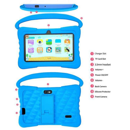 BDF K3 7-Inch WiFi Kids Tablet with Silicone Case in blue showing front screen, back camera, silicone protector, ports and labeled features