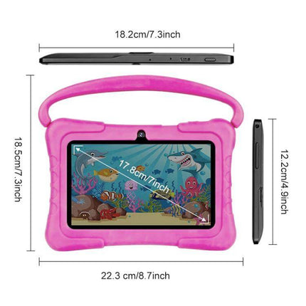 BDF K3 7-Inch WiFi Kids Tablet with Silicone Case shown in pink child-proof silicone case with handle and screen dimensions