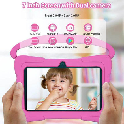BDF K3 7-Inch WiFi Kids Tablet with Silicone Case held by hands showing child on screen and specs