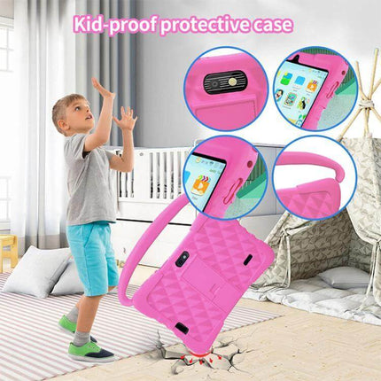 BDF K3 7-Inch WiFi Kids Tablet with Silicone Case shown in pink kid-proof protective case with handle and screen features