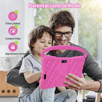 BDF K3 7-Inch WiFi Kids Tablet with Silicone Case showing father and child using tablet with parental controls, pink silicone handle case