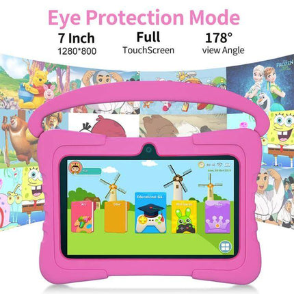 BDF K3 7-Inch WiFi Kids Tablet with Silicone Case pink child-friendly tablet in protective handle case, 7-inch screen showing educational apps