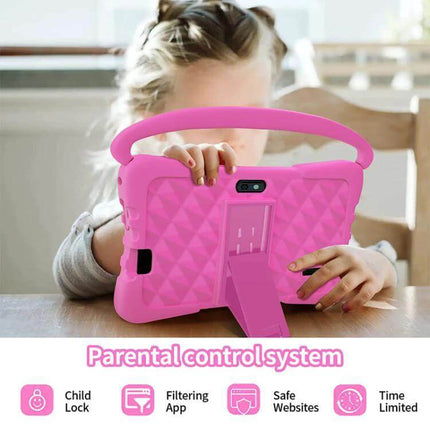 BDF K3 7-Inch WiFi Kids Tablet with Silicone Case shown in pink protective silicone case with handle, ideal for parental controls and video calls