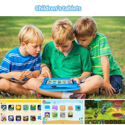 BDF K3 7-Inch WiFi Kids Tablet with Silicone Case shown with three children using educational apps outdoors