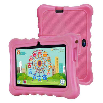 BDF T7 7-Inch Kids Tablet with WiFi and Protective Case in pink child-friendly foam sleeve showing educational game screen