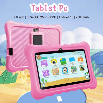 BDF T7 7-Inch Kids Tablet with WiFi and Protective Case showing pink 7-inch Android 13 kids tablet with protective bumper, educational apps, 3GB RAM 32GB