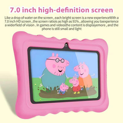 BDF T7 7-Inch Kids Tablet with WiFi and Protective Case showing pink rugged case and 7.0-inch HD screen with children’s cartoon