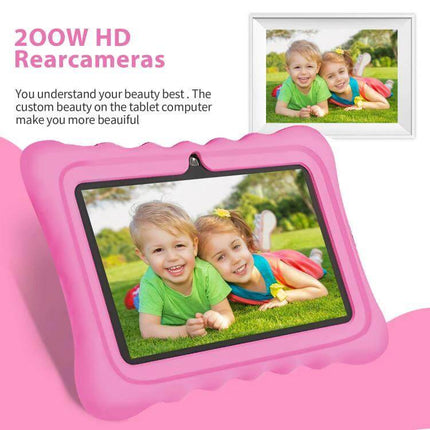 BDF T7 7-Inch Kids Tablet with WiFi and Protective Case showing pink kid-proof case and children on screen, Android 13 parental controls