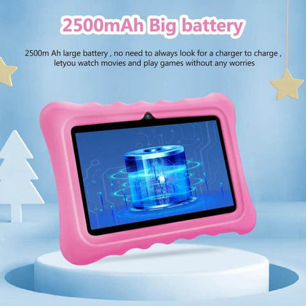 BDF T7 7-Inch Kids Tablet with WiFi and Protective Case showing pink 7-inch tablet with 2500mAh battery graphic and protective bumper case
