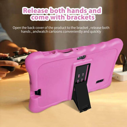 BDF T7 7-Inch Kids Tablet with WiFi and Protective Case in pink with kickstand showing rear protective case and brackets