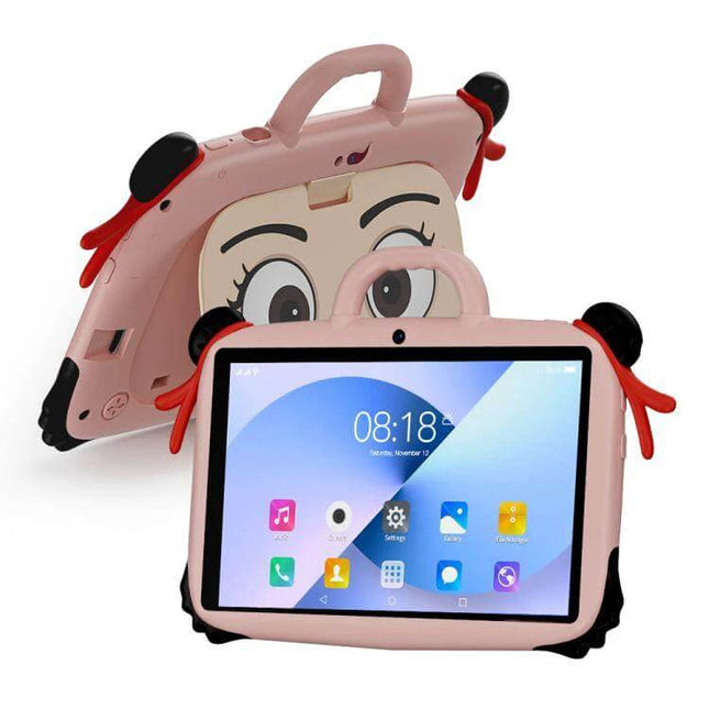 BDF 7-Inch Kids Tablet with Protective Silicone Case in pink with handle, cute cartoon back design and 7-inch IPS display