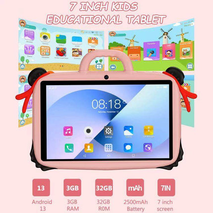 BDF 7-Inch Kids Tablet with Protective Silicone Case showing pink tablet with handle, 7-inch 1280x800 IPS screen, Android 13 and kid-friendly interface