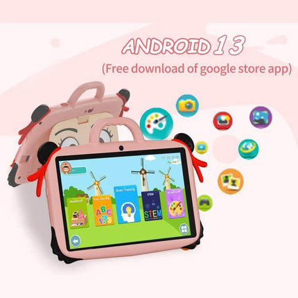 BDF 7-Inch Kids Tablet with Protective Silicone Case showing 7-inch 1280x800 IPS screen, Android 13, parental controls and colorful kid apps