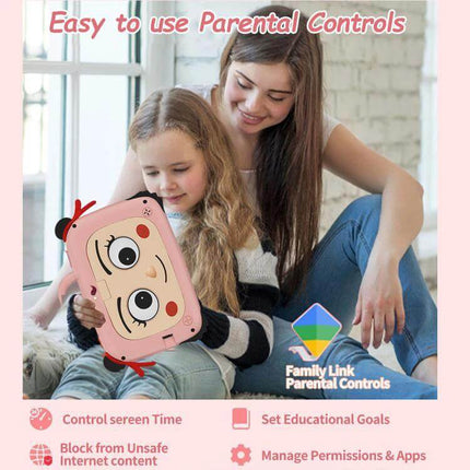 BDF 7-Inch Kids Tablet with Protective Silicone Case shown in pink with parental controls and Family Link features