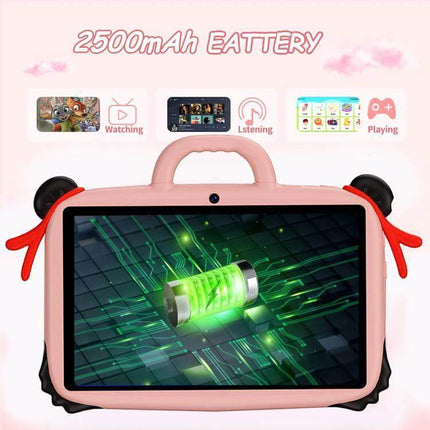 BDF 7-Inch Kids Tablet with Protective Silicone Case showing battery icon and 2500mAh battery capacity on 7-inch display