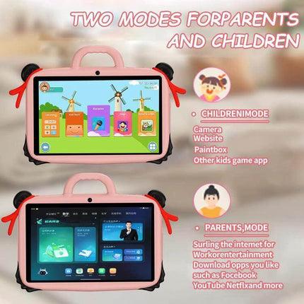 BDF 7-Inch Kids Tablet with Protective Silicone Case showing two modes (Children and Parents) on a pink protective silicone case