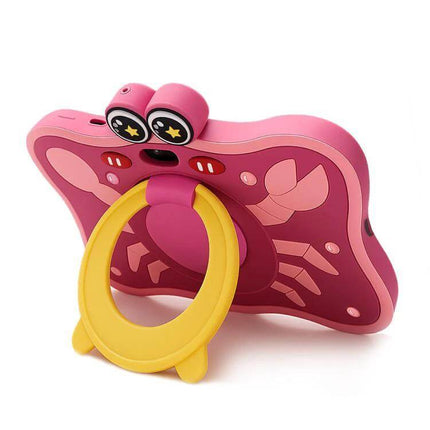 BDF 7 Inch WiFi Kids Tablet with Protective Crab Silicone Case shown in pink with yellow ring stand and crab design for kids