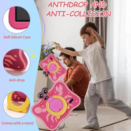 BDF 7 Inch WiFi Kids Tablet with Protective Crab Silicone Case shown in pink anti-drop soft silicone case with stand, child playing in living room