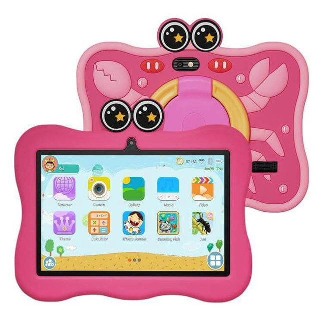 BDF 7-Inch Kids Tablet with Protective Crab Case for Learning and Play pink tablet with crab-shaped protective case and kids apps on screen