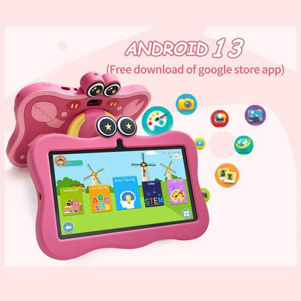 BDF 7-Inch Kids Tablet with Protective Crab Case for Learning and Play in pink with Android 13 educational apps