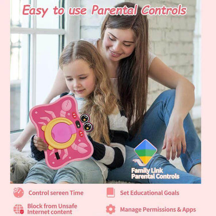 BDF 7-Inch Kids Tablet with Protective Crab Case for Learning and Play showing child with parental controls and caregiver