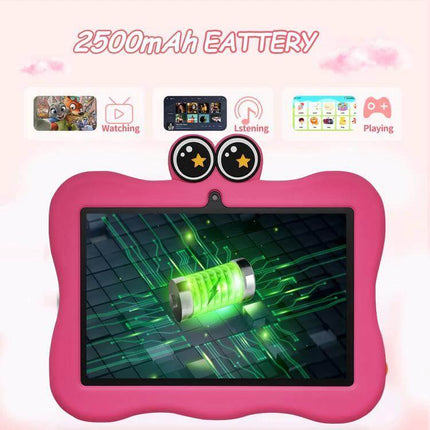 BDF 7-Inch Kids Tablet with Protective Crab Case for Learning and Play showing pink crab case, battery icon and kids media screen