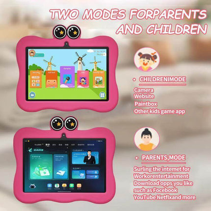 BDF 7-Inch Kids Tablet with Protective Crab Case for Learning and Play showing two user modes, child apps and parent mode on pink crab case