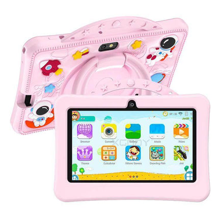 BDF 7-Inch Kids Tablet with Astronaut Silicone Case in pink, Android 13 kids UI, built-in parental controls and stand